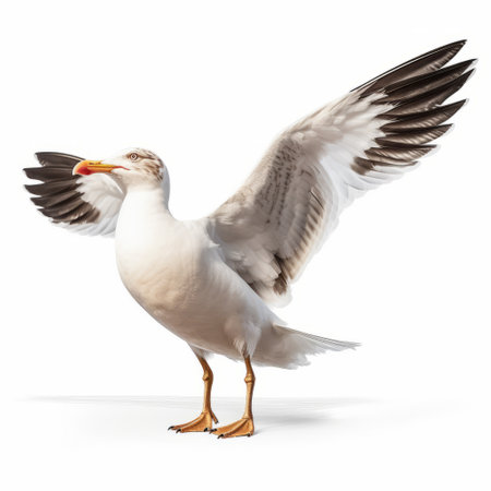 gull on white background showcasing comical choreography and clever wit. this commercial imagery employs photo-realistic techniques and the power of unreal engine 5 for a stunning large-scale photography experience. enjoy the uhd image of this charismatic gull in all its glory. ai generatedの素材