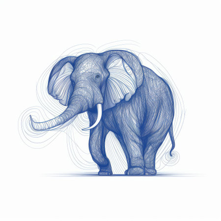 the blue and white sketched elephant showcases a unique character design with graphic lines, minimalist linework, and flowing lines. the use of optical illusionism and layered mesh adds depth to the intricate pen illustrator style. ai generatedの素材