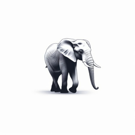 an elephant silhouette stands on a white background, showcasing a hyperrealistic mural style. the advertising-inspired design features contoured shading, creating an ultra hd effect. the dark white and white color scheme adds depth to the 3d composition, making it visually captivating. ai generatedの素材