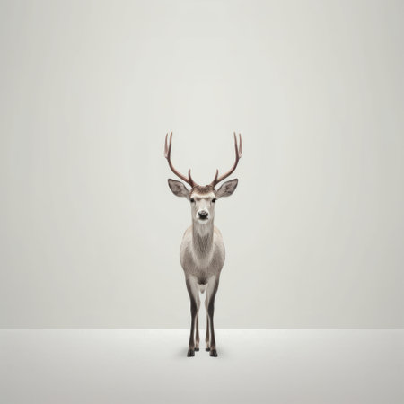 a deer stands alone in an empty room, showcasing the essence of conceptual minimalism. this realistic animal portrait captures the angura kei style, highlighting the deer's strong facial expression. the light white and light gray tones add depth to the image. with an 8k 3d resolution and minimal retouching, this photo is a stunning representation of minimalist art. ai generatedの素材