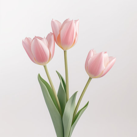 three pink tulips in a glass vase sit gracefully in front of a table. the hyper-realistic details of the flowers are enhanced by the soft gradients of light gray and light beige. the colorized image against a white background creates an iconic and visually striking composition. ai generatedの素材
