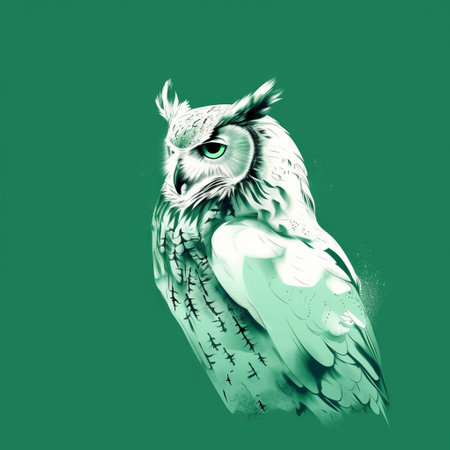 an illustration of an owl perched on a vibrant green background. this dreamlike realism artwork features a captivating blend of dark white and cyan tones. the scattered composition and minimal retouching add to its unique appeal. with explosive wildlife and psychological phenomena illustrations, this high-resolution image is a visual treat. ai generatedの素材