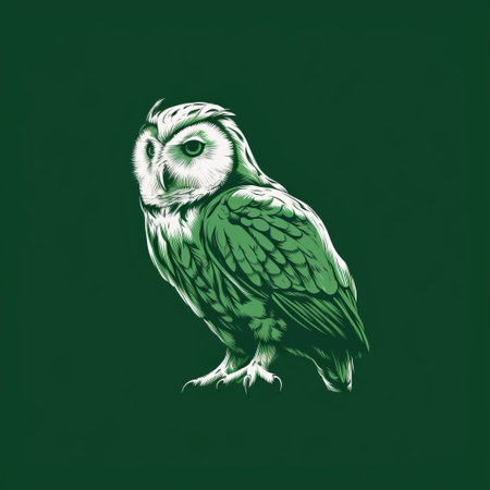 an owl, painted in green, stands upright on a white background. this monochromatic graphic design showcases realistic chiaroscuro lighting, with shades of dark emerald and light beige. the owl's dark white and dark emerald hues give it a scientific illustration vibe, reminiscent of classic tattoo motifs. ai generatedの素材