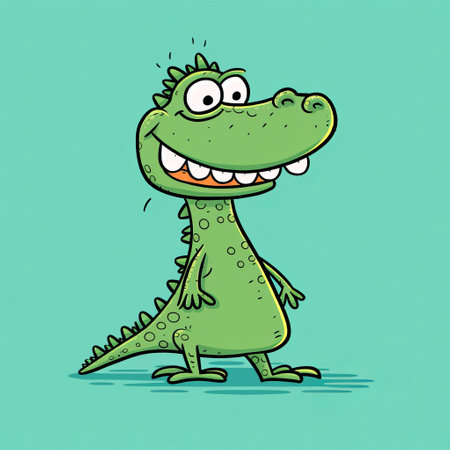 a funny crocodile cartoon illustration featuring inventive character designs and charming character illustrations. this high-resolution artwork showcases a unique algeapunk style with linear illustrations. the crocodile is depicted in dark green and light blue colors, adding to its comic cartoon appeal. ai generatedの素材