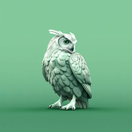 an owl perched on a vibrant green background, captured in the style of ambient occlusion. this photo showcases a blend of pop culture imagery and the essence of a national geographic shot. the sculpted forms of the owl are brought to life through minimal retouching, resulting in a realistic and detailed rendering. the matte finish adds a touch of elegance to this captivating photo. aiの素材