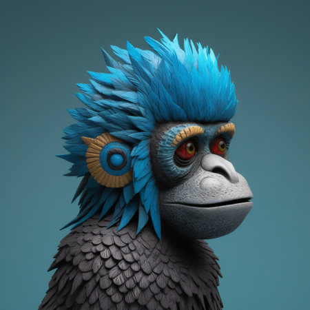 a blue furry monkey, inspired by the style of zbrush and aztec art, is depicted lying on a dark background. this hyper-realistic bird study, reminiscent of the works of adam martinakis, showcases simple yet colorful illustrations. the playful character design of the monkey is highlighted by its gray and azure color palette. ai generatedの素材