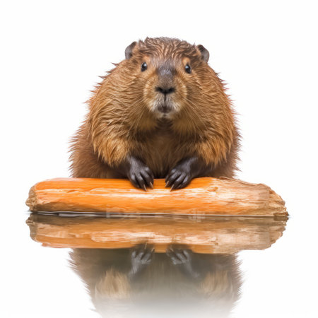 a beaver sitting on a log next to a mirror, captured in a studio photography style. this clever and witty image showcases the unique combination of orange tones and petcore aesthetics. the quadratura composition adds depth to the scene, while the caninecore elements bring a playful touch. this associated press photo is a captivating blend of creativity and nature. ai generatedの素材