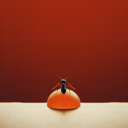a small black orb sits in the center of an orange ball, creating a striking contrast. this minimalist composition, with minimal retouching, showcases a unique kitchen still life. the dark red and light navy colors add depth to the image. the inventive character designs and blown-off-roof perspective make this tabletop photograph truly captivating. ai generatedの素材