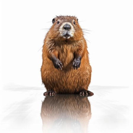 a beaver is captured in a realistic image, standing on a white tile floor. the uhd image showcases the beaver's lively facial expressions and strong features. the style of the image is reminiscent of scientific illustrations by horace vernet, with a focus on transparency and opacity. ai generatedの素材