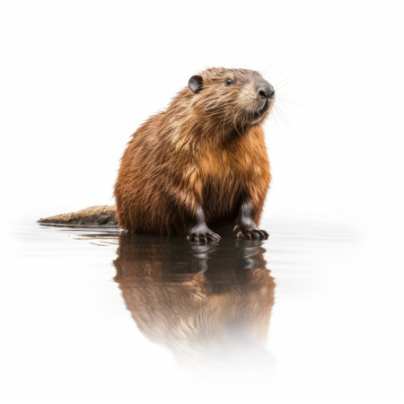 a brown beaver with its reflection in water, captured in the style of high-key lighting, showcases a realistic rendering in this national geographic photo. against a white background, the saturated color scheme enhances the sharp details of the cleverly humorous scene. this ratcore image captures the essence of the beaver's natural habitat and playful nature. ai generatedの素材