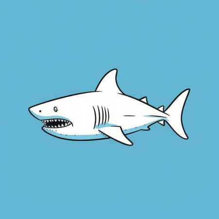 shark wallpaper featuring a humorous caricature style illustration of a shark on a blue background. this vector artwork showcases a light maroon and white color scheme, reminiscent of comic strip aesthetics. created by martin creed, this high-resolution design is inspired by the artistic style of romaine brooks. available under the creative commons attribution license. ai generatedの素材