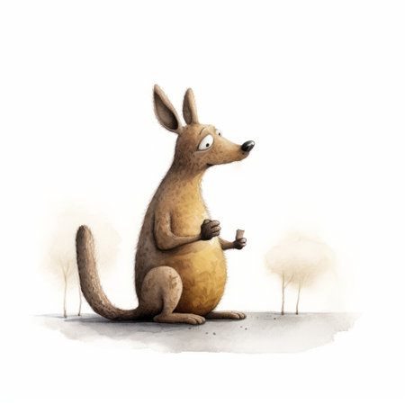 a charming character illustration of a kangaroo wearing white pants and shorts. the golden light enhances the playful storytelling in this detailed still life. the dark gray and amber tones add a touch of mystery to the fairy tale illustration. this witty and clever cartoon captures the essence of the kangaroo's unique style. ai generatedの素材
