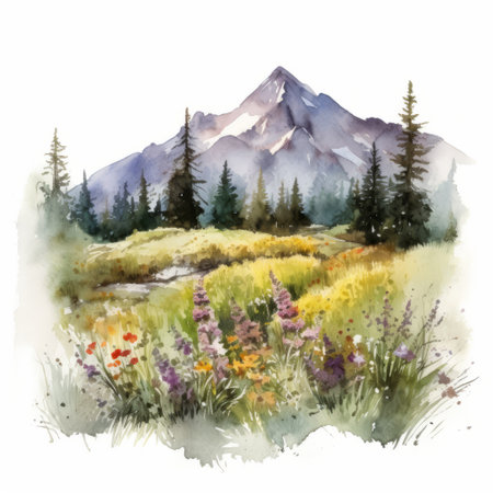 a watercolor illustration of a flowery mountain range with vibrant flowers and fluffy clouds. this gif showcases the talent of illustration pask, who beautifully captures the essence of nature in the style of whistlerian. the light amber and violet hues create a mesmerizing plein air scene, reminiscent of colorful gardens and untamed wilderness. the varied brushwork techniques add depth and texture to this captivating artwork.の素材