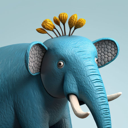 a 3-dimensional elephant, rendered in cinema4d, showcasing detailed character design. the playful use of texture highlights the close-up view of the elephant, with a few flowers delicately placed on its tusk. this kimoicore-inspired creation features a light indigo and yellow color scheme, adding to its playful character design. ai generatedの素材