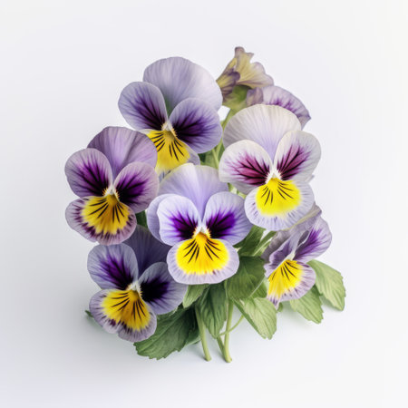 small purple pansies arranged symmetrically on a white background. the photorealistic still life captures the meticulous details of the light yellow and dark emerald petals. shot with a tokina at-x 11-16mm f/2.8 pro dx ii lens, the colorized image showcases an intense emotional expression with its light gray and orange tones. ai generatedの素材