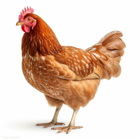 a brown chicken stands gracefully against a clean white background, captured in stunning uhd image quality. the vibrant colors of light red and light emerald add a captivating touch to the scene. this photograph, reminiscent of the whitcomb-girls style, showcases dappled lighting and exudes the aesthetics of national geographic and farm security administration. ai generatedの素材