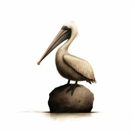 a pelican perches on a rock in this childlike illustration, featuring realistic forms and a color palette of dark white and beige. the editorial-style artwork showcases a gigantic scale, focusing on a single object. the pelican is depicted in a caricature-like manner, adding a playful touch to the illustration. ai generatedの素材
