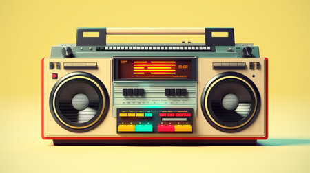a retro boombox, in the style of realistic and hyper-detailed renderings, showcases a warm color palette with dark yellow and dark cyan tones. the studio light enhances its 1970s-present aesthetic, while the interactive features add to its appeal. this boombox embodies the essence of cartelcore. ai generatedの素材