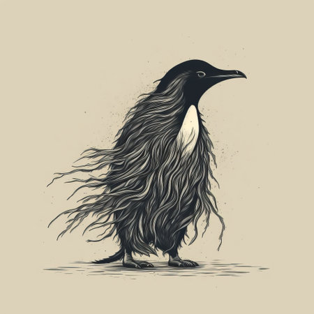 a penguin with long hair stands out in this sketch illustration. the penguin's fur is depicted in darkly detailed, organic flowing forms, giving it a nature-inspired look. the color palette consists of light black and beige, creating a visually striking contrast. the illustration showcases pulled, scraped, and scratched techniques, adding depth and texture. the overall composition carries poignant symbolism. ai generatedの素材