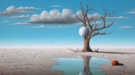 a single bird perches on the tip of a tree, surrounded by a cracked, surrealistic dystopian landscape. the scene is captured in 8k resolution, showcasing the realistic figurative painting of desolate landscapes. the cracked, spherical sculptures add an intriguing element to the light brown and sky-blue color palette. ai generatedの素材