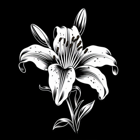 a lily image featuring white leaves against a black background. this hyper-detailed illustration showcases decadent, flowing silhouettes in a style reminiscent of massurrealism. the image is in high resolution, measuring 3840x2160, and exhibits dotted and striped arrangements. ai generatedの素材