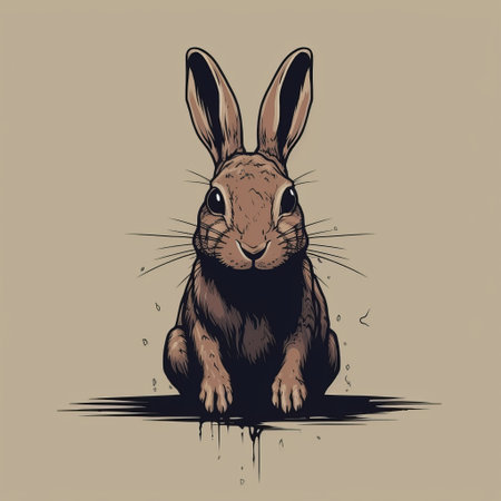a rabbit with a strong facial expression sits with its head down on the ground. the realistic yet stylized image features drips and splatters against a brown, matte background. the rabbit's pose is reminiscent of necronomicon illustrations, while classic tattoo motifs add to the overall aesthetic. ai generatedの素材