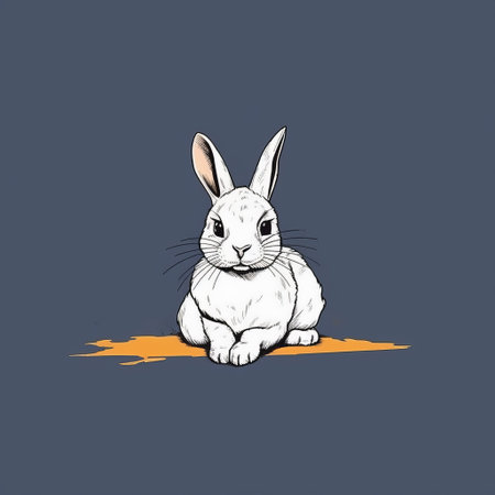 white rabbit sitting on a minimalist background of black and grey. the carpetpunk-inspired scene features a blend of dark blue and orange hues, adding a touch of duckcore and soggy aesthetics. the overall composition exudes a sense of massurrealism, with a hint of caninecore elements. ai generatedの素材