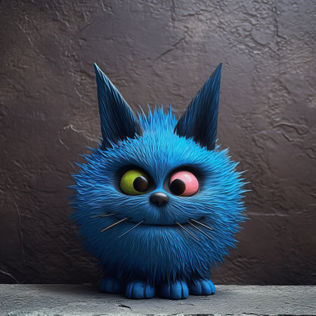 blue cartoon cat sitting on the ground, showcasing the distinct style of zbrush. with elements of primitivist frenzy and playful coloration, this artwork draws inspiration from renowned artists such as bill gekas and hiroshi nagai. the rough textures and chromatic intensity add depth and character to this captivating image. ai generatedの素材