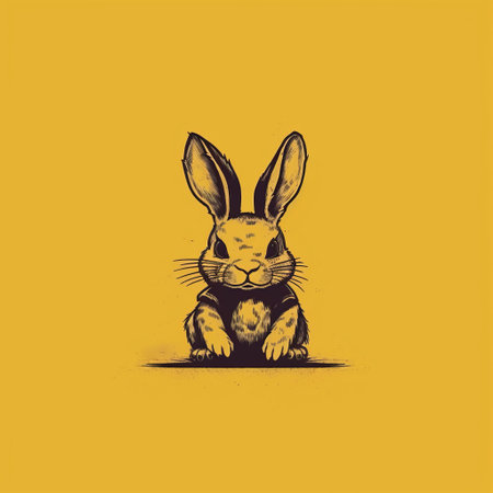 a small black rabbit with ears is depicted in this photo against a vibrant yellow background. the artwork is inspired by the styles of kerem beyit, chris bachalo, and caras ionut. the image showcases intricate hatching techniques and uncanny juxtapositions. the rabbit is portrayed in an iconic pop culture caricature style, reminiscent of chalk drawings. ai generatedの素材