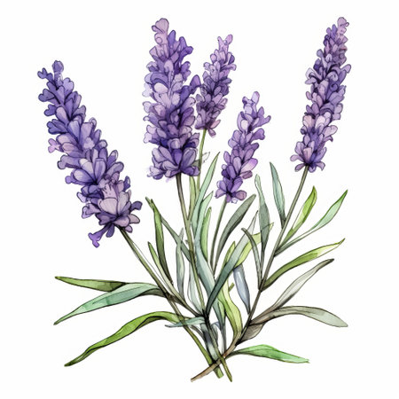 lavender, a realistic watercolor painting by gustave buchet, is showcased in this image. the vibrant hues of light indigo and dark beige create a captivating contrast against the white background. with playful symbolism and an elaborate composition, this artwork was commissioned for herb trimpe. ai generatedの素材