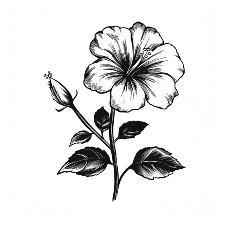 hibiscus floral illustration in black and white, isolated stock image. inspired by the style of raymond pettibon, this minimalist nature study captures a strong sense of realism. reminiscent of hyman bloom and henri fantin-latour, the artwork showcases a realistic depiction of light. perfect for feminine sticker art and those seeking a touch of elegance in their designs. ai generatedの素材