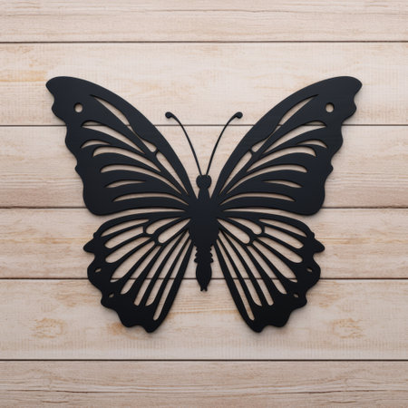 black butterfly metal wall artwork hanging design, rendered in cinema4d style. made with wood and featuring detailed background elements. the piece showcases bold outlines and flat colors, making it suitable for outdoor art. the realistic attention to detail adds to its simple yet elegant compositions. ai generatedの素材