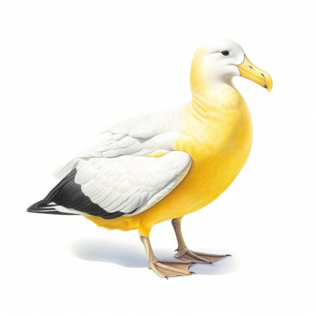 a yellow and black bird perches gracefully against a clean white backdrop, showcasing the hyperrealistic style of renowned sea and coast painter, max bedulenko. the light white and light orange hues beautifully accentuate the intricate details of this dignified character illustration, reflecting the unique artistic style known as "duckcore.", ai generatedの素材