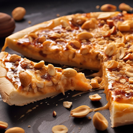 a highly detailed and authentic flatbread pizza for dessert, featuring a variety of fillings including peanuts. this unique creation showcases smooth and shiny textures, with precise detailing and expansive flavors. inspired by the style of chinapunk, the split toning adds an extra touch of visual appeal to this delectable treat. ai generatedの素材