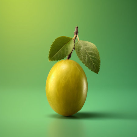 a small apple with a leaf is showcased on a brown background in this visually stunning photograph. the image is rendered using physically based rendering techniques, resulting in a unique blend of light cyan and yellow hues. the use of ultraviolet photography adds a surrealistic touch, while the minimalistic geometry and green tones create a captivating goosepunk aesthetic. ai generatedの素材
