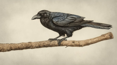 a black crow is depicted in a sketch-style oil painting, showcasing realistic and hyper-detailed renderings. the artwork draws inspiration from victorian-inspired illustrations, featuring undefined anatomy and precisionist art techniques. the color palette predominantly consists of blue and black, resulting in a hyperrealistic animal portrait. the image has a resolution of 3840x2160 pixels. ai generatedの素材