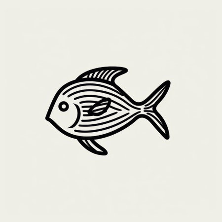 a fish icon with red stripes, reminiscent of minimalist ink drawings and golden age illustrations. this intricate black and white illustration, inspired by traditional animation, showcases a muted and minimalist composition. the fish is characterized with its unique markings, resembling the charm of the minolta riva mini. ai generatedの素材