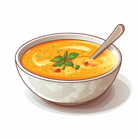 veggie soup in a bowl, highly detailed illustration style, on a white background. the bowl is light yellow and orange, with loose paint application. thechamba's artwork showcases a full-body view of the soup, giving it a mottled appearance. this tondo-shaped image captures the essence of a delicious and vibrant vegetable soup. ai generatedの素材