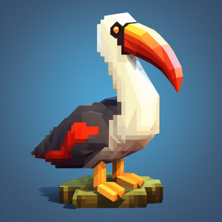 two pixel art birds perched on a rock, showcasing hyper-realistic animal illustrations. the style combines voxel art with enigmatic tropics, featuring a contrasting palette of dark white and light red. the artwork draws inspiration from 2d game art, animated gifs, and vibrant color blocks. ai generatedの素材