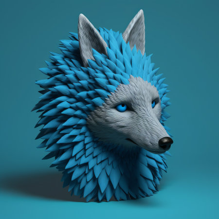 a 3d printed wild wolf head, rendered in cinema4d, showcases a playful character design with attention to detail in fur and feathers texture. the cyan and azure colors add a dynamic touch to the layered textures and shapes, creating a captivating still life. ai generatedの素材