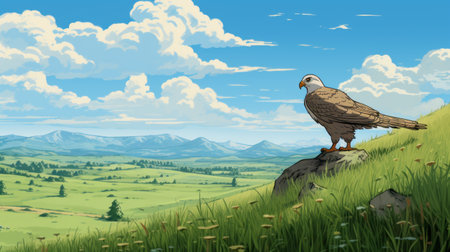 a golden eagle perches on the edge of a grassy hill in a picturesque valley. this stunning illustration captures the essence of a graphic novel, with inspiration from the works of hayao miyazaki. the detailed character design and expansive skies create a rustic americana feel. the panorama view and rtx technology enhance the visual experience. ai generatedの素材