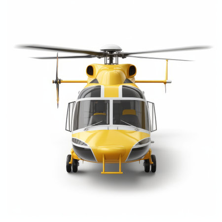 yellow helicopter isolated on white background. this realistic painted still life features ambient occlusion and wetcore techniques. the birds-eye-view perspective captures the dark orange and white color scheme of the helicopter. the strong facial expression and tilt shift effect add depth and intensity to the image. ai generatedの素材