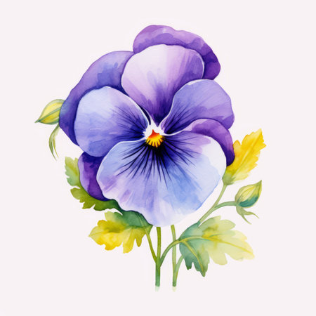 an isolated watercolor pansy flower on a white background, ilustota, in the style of dark violet, realistic painted still lifes, flat brushwork, delicate coloring, shaped canvas, symmetrical arrangements, light sky-blue, and dark emerald. ai generatedの素材
