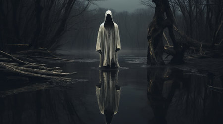 a dark figure in a tan robe stands in a lake on a dark night, exuding eerie symbolism. the photo, captured in 8k resolution, showcases a gothic-inspired scene with dark white and gray tones. this haunting image, reminiscent of horror aesthetics, is a sculpted masterpiece that evokes a sense of mystery and intrigue. ai generatedの素材