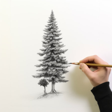 a black and white pencil drawing of a small tree, positioned upside down. this detailed illustration showcases lifelike renderings and hyperrealistic techniques, reminiscent of artists like bob ross and stephen shortridge. the minimalistic brushstrokes and realistic usage of light and color add depth and dimension to the artwork. ai generatedの素材