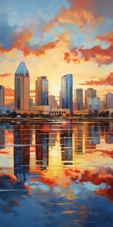 city buildings rise high into the sky, resembling the intricate brushstrokes of a landscape painter. the sparkling water below reflects the golden and orange hues, creating a mesmerizing scene. these realistic oil paintings capture the precisionist lines and shapes of the architecture, while vibrant caricatures add a touch of liveliness. the redshift effect adds depth and dimension to this captivating urban artwork. ai generatedの素材