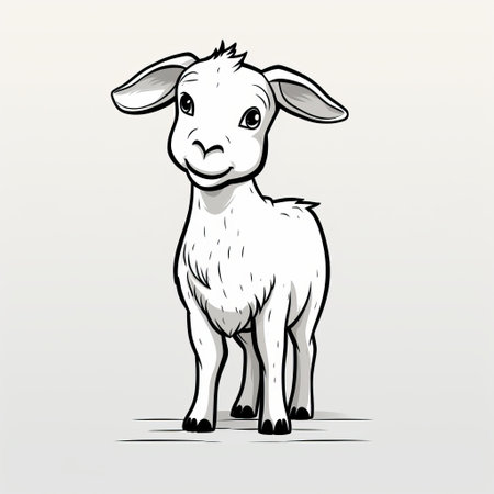 a hand-drawn sketch of a goat in white and yellow, against a white background. this charming character illustration is reminiscent of 2d game art, with subtle tonal values and clean, simple designs. the goat's shiny eyes and high-contrast shading add depth to the animated illustration. ai generatedの素材