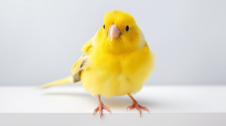 a yellow finch sits on a white surface, showcasing a relatable personality. the monochromatic color scheme adds to its petcore charm. the glorious and cute bird brings a burst of color to the unpolished authenticity of its surroundings, creating an absurdist visual delight. ai generatedの素材