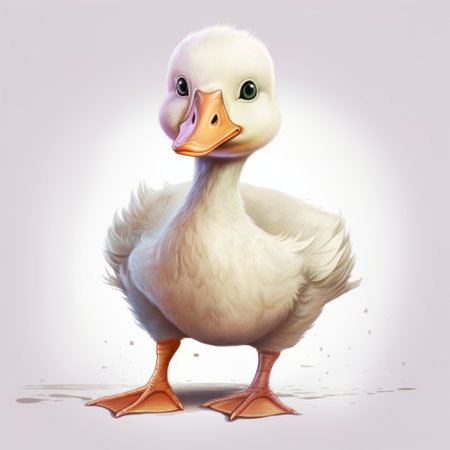 a cartoon duck, inspired by hyper-realistic animal illustrations, stands on a light surface. this charming character illustration, reminiscent of michael malm's detailed character expressions, features a color palette of light white and light magenta. the artwork showcases a rough texture, similar to the style of oleg shuplyak. ai generatedの素材