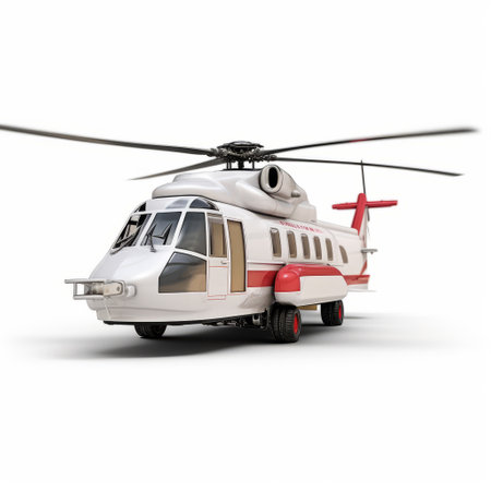 aircraft helicopter in white and red style, captured in a hyper-detailed 3d tiff royalty-free aerial photography. this realistic rendering showcases polished craftsmanship and playful streamlined forms. with its kitsch and camp charm, this matte photo exudes a streamlined design that is both captivating and unique. ai generatedの素材